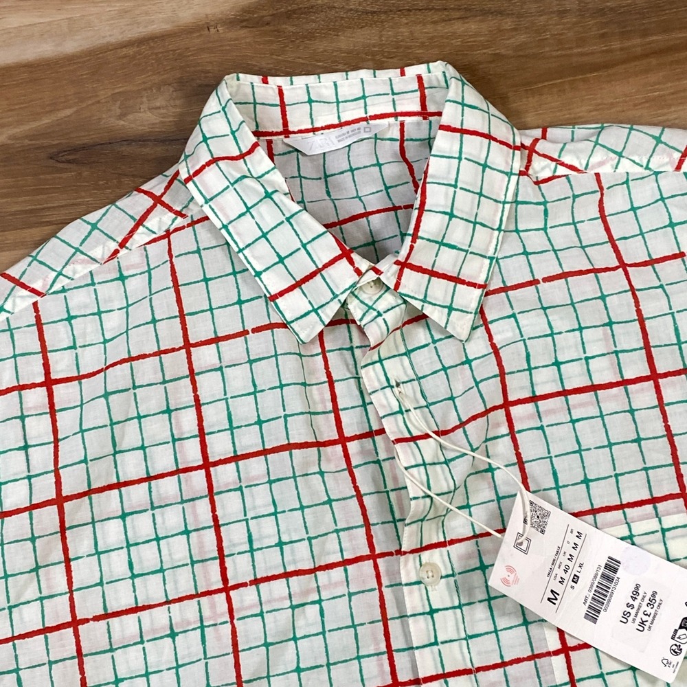 Zara Button Down Shirt Mens Medium Grid Print Cotton Boxy White Red Green NEW